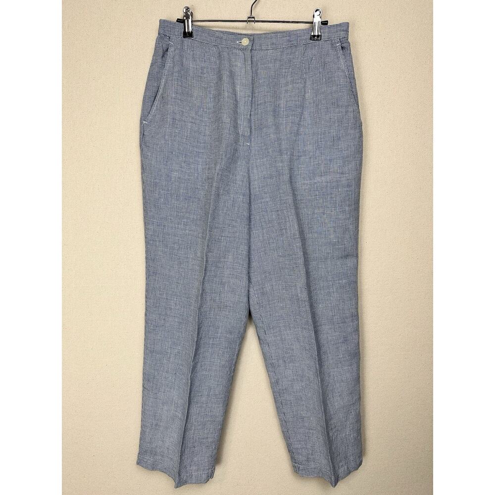 Talbots Size 12 100% Irish Linen Crop Pants Blue White Checked Beach Preppy